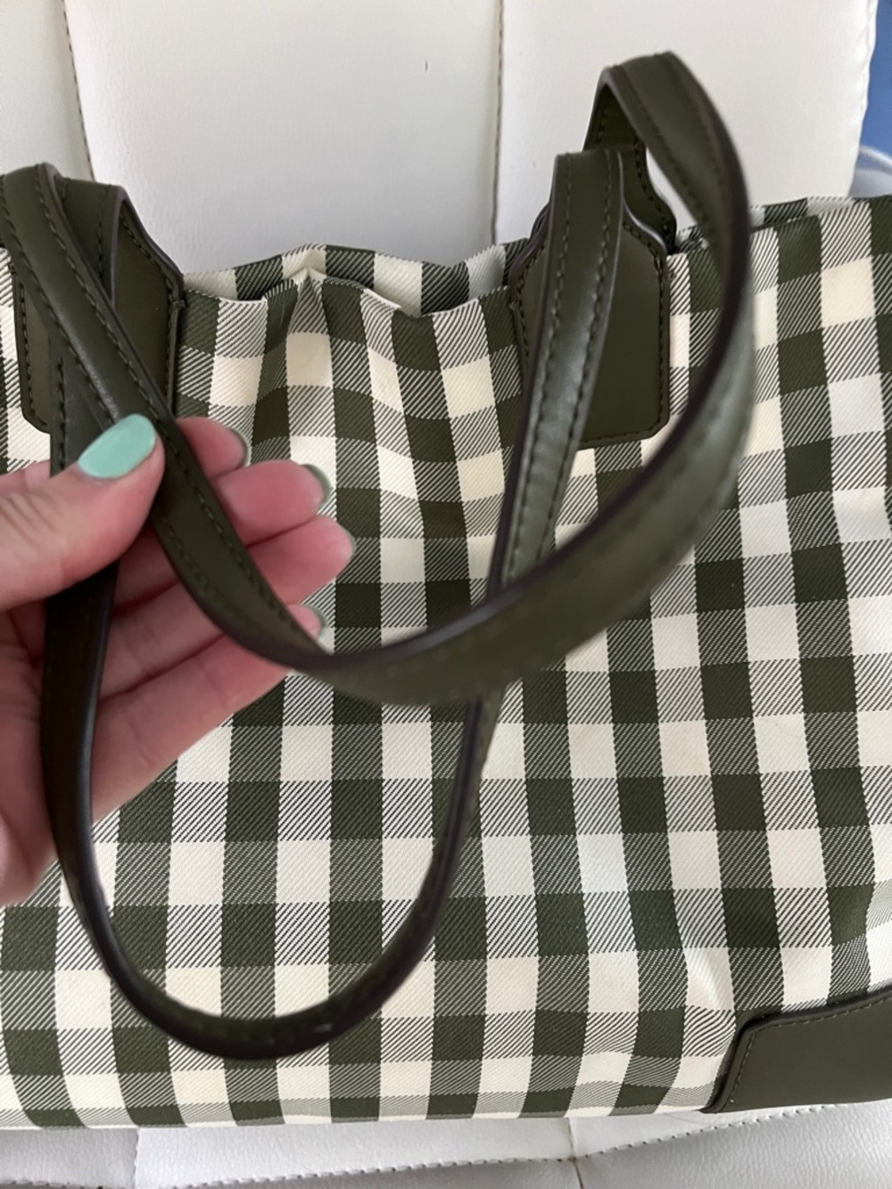 Tory Burch Olive and White Gingham Logo Tote with Leather Trim - Picture 7 of 11